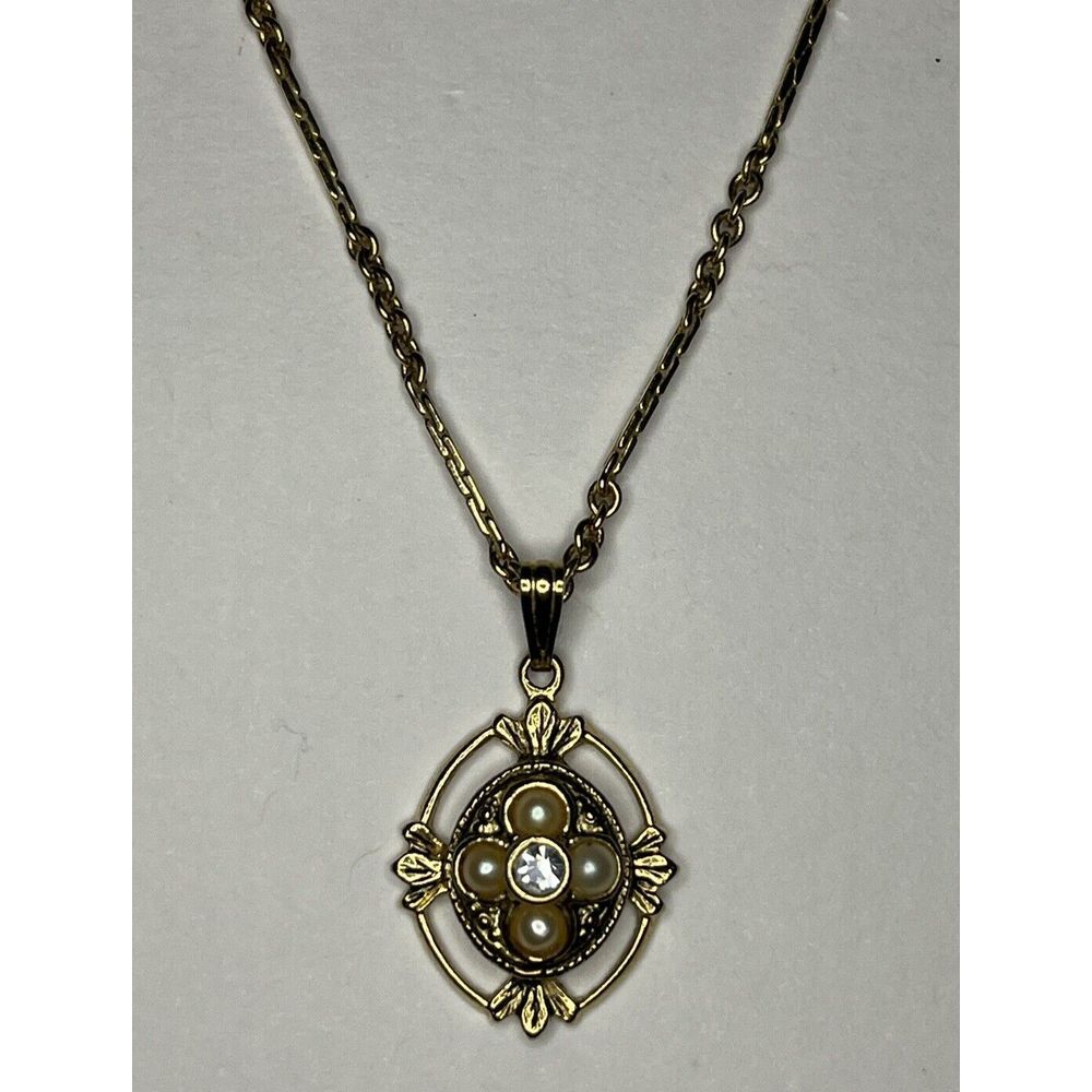 Avon Gold Tone Link Chain With Gold Tone Oval Pendant + Faux Pearl & CZ Necklace